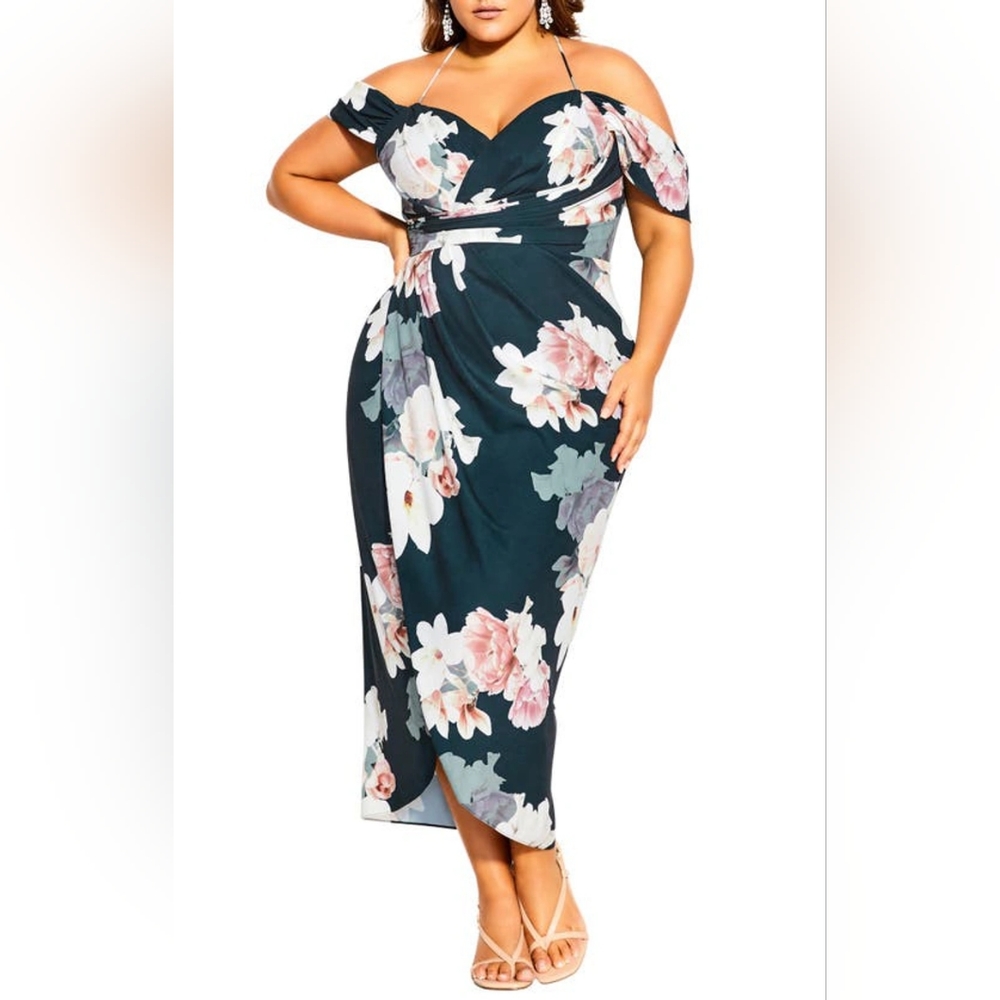 NWT City Chic Emerald Off the Shoulder Faux Wrap Dress